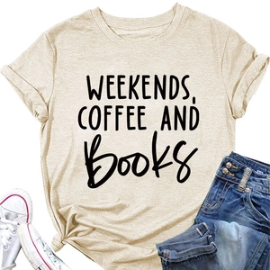 Flat lay of oat beige t-shirt with weekends coffee and books text and denim jeans