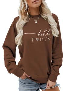Detail of hello FORTY text and heart print on a brown crew neck sweatshirt for women