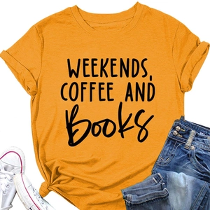 Close-up of orange cotton T-shirt featuring Weekends Coffee and Books black letter print