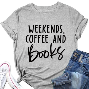 Detail of grey crewneck T-shirt with weekends coffee books print and stylish hem knot