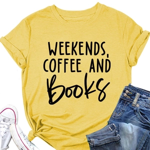 Flat lay of yellow t-shirt with Weekends Coffee and Books print and knot detail