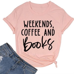 Detail of pink cotton T-shirt featuring Weekends Coffee and Books print with a front knot