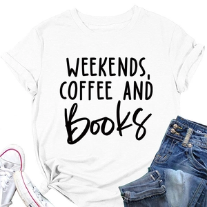 Flat lay of a white cotton t-shirt with weekends coffee and books print and knotted hem detail