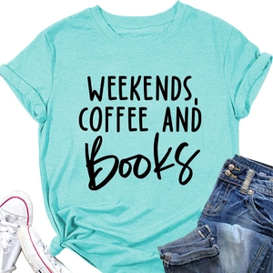 Mint green t-shirt with weekends coffee and books print and trendy side knot detail