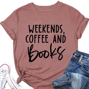 Detail of rose pink t-shirt with weekends coffee and books text and side knot detail