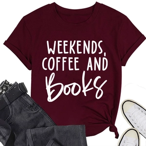 Detail of burgundy crewneck T-shirt with 'WEEKENDS COFFEE AND Books' print and knotted hem