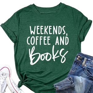 Flat lay of dark green crew neck T-shirt with Weekends Coffee and Books print