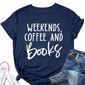 Navy crew neck t-shirt featuring Weekends Coffee and Books print and stylish front knot tie