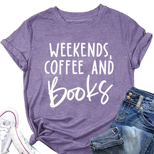 Detail of purple cotton T-shirt featuring Weekends Coffee and Books white graphic print
