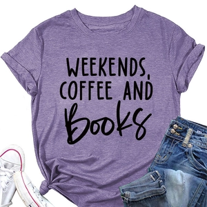 Detail of purple cotton T-shirt featuring 'WEEKENDS, COFFEE AND Books' typography print