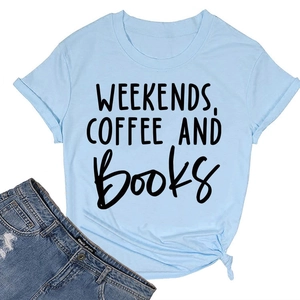 Close-up of light blue cotton T-shirt with Weekends Coffee and Books print and knot detail