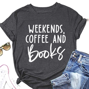 Flat lay of charcoal t-shirt with 'WEEKENDS, COFFEE AND Books' print and knotted hem detail