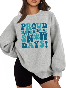 Close-up of Proud Supporter of Snow Days print on light gray crewneck sweatshirt
