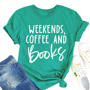 Green crew neck T-shirt with Weekends Coffee and Books print paired with denim