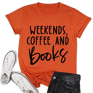 Close-up of orange cotton t-shirt with 'Weekends, Coffee and Books' print