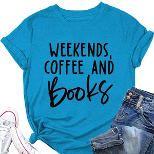 Sky blue cotton t-shirt featuring 'WEEKENDS, COFFEE AND BOOKS' black letter print