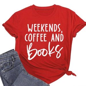Detail of red crew neck t-shirt with weekends coffee and books text and denim jeans