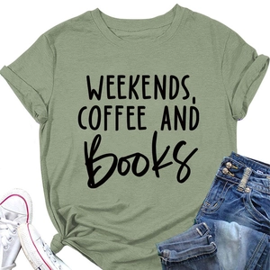 Detail view of avocado green cotton T-shirt featuring Weekends Coffee and Books print