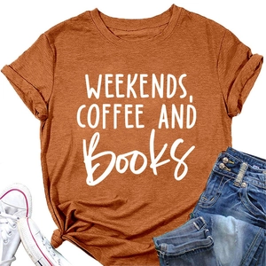 Flat lay of a red round neck T-shirt with weekend coffee print and knotted hem style