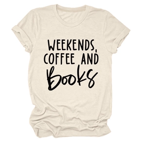 Detail of crew neck T-shirt featuring Weekends Coffee and Books print in cream color