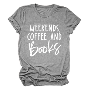 Close-up of Weekends Coffee and Books slogan print on a grey cotton T-shirt with rolled sleeves