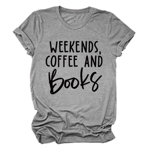 Close-up of Weekends Coffee and Books graphic print on a heather grey t-shirt