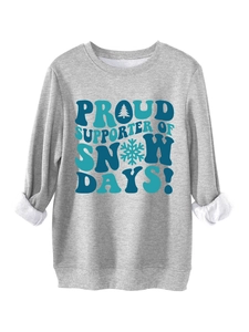 Detail of ribbed neckline and snowflake print on light grey winter sweatshirt