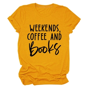 Amber cotton T-shirt featuring 'WEEKENDS, COFFEE AND BOOKS' black text print