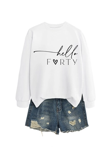 Detailed view of the hello FORTY heart print on a white crewneck sweatshirt