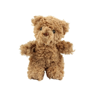 Plush brown teddy bear keychain with curly fur and black eyes on white background