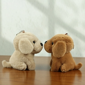 Dettaglio di portachiavi in peluche a forma di cane beige e marrone su base in legno