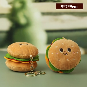 Portachiavi burger in peluche con sorriso ricamato e anello dorato, 9x7x9cm