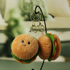 Simpatico Portachiavi In Peluche A Forma Di Hamburger Giocattolo Di Cibo Morbido Ciondolo Con Viso Cartoon Ricamato