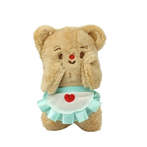 Cute brown plush butter bear charm with blue heart apron and soft furry texture