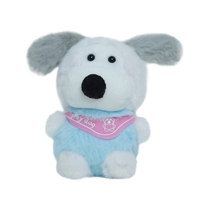 Simpatico peluche a forma di cucciolo bianco e blu con sciarpa rosa e testo Play dog su bianco