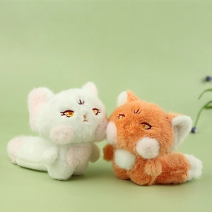 Cute fox plush charms with embroidery details, orange and green furry toy keychains