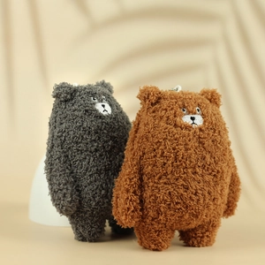 Plush teddy bear charms in grey and brown with textured wool and metal bead chains