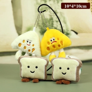 Cute plush toast and cheese doll keychains with embroidered faces and silver chains
