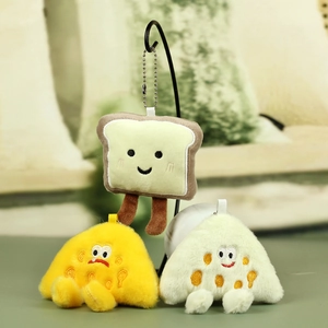 Cute plush toast and cheese keychains with embroidery details and metal bead chains