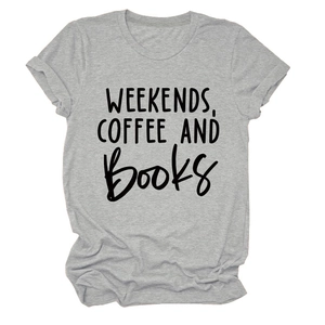 Detail of grey crewneck T-shirt with 'Weekends, Coffee and Books' print and rolled sleeves