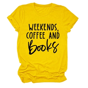 Close-up of vibrant yellow cotton t-shirt featuring Weekends Coffee and Books text