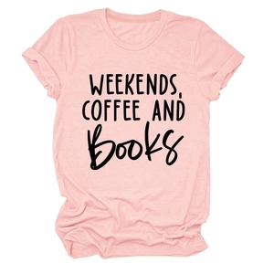 Detail of rolled sleeve and Books print on pink minimalist cotton T-shirt for women
