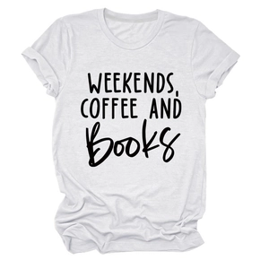 Detail of white cotton T-shirt featuring WEEKENDS, COFFEE AND BOOKS printed text