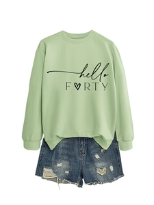 Detail of hello FORTY long sleeve sweatshirt paired with distressed denim shorts