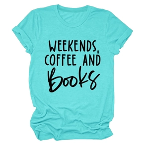 Detail of teal cotton t-shirt featuring Weekends Coffee and Books printed text