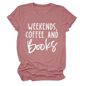 Detail of soft dusty rose cotton t-shirt featuring Weekends Coffee and Books print