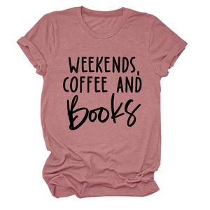 Detail of mauve cotton t-shirt featuring WEEKENDS COFFEE AND BOOKS graphic and rolled sleeves