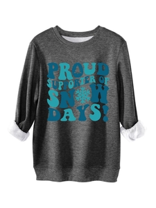 Detail view of thick white fleece lining on dark grey sweatshirt with snow days print