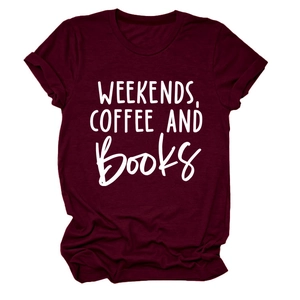 Detail of burgundy crew neck T-shirt featuring Weekends Coffee and Books print