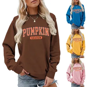 Sweat-shirt Femmes Mélange Coton Manches Longues Col Rond Imprimé Pumpkin Season Automne Décontracté Rétro Style Varsity Halloween